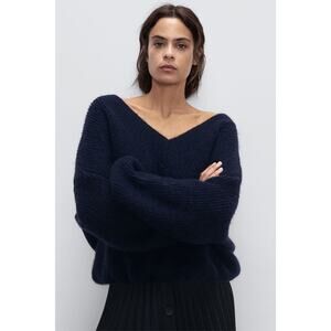 Zara Stretch Wool Blend V Neck Sweater Size Large Navy Blue Oversized Slouchy